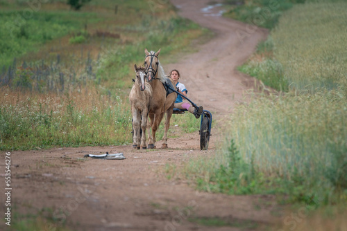 A young beautiful girl rides a britzka around the farm. photo