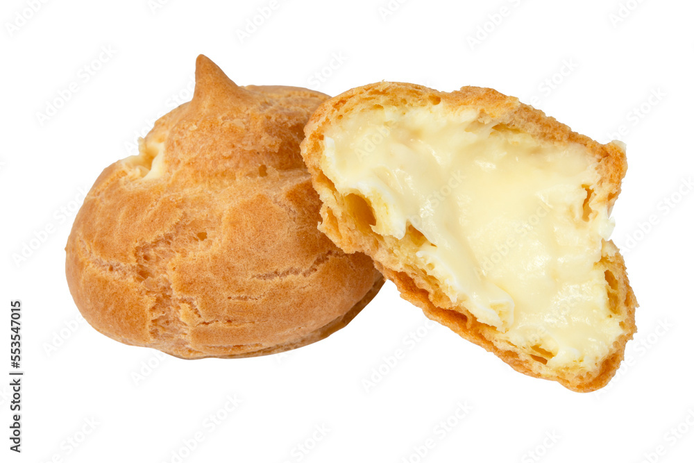 Cake cream puff with custard cream isolated on white background