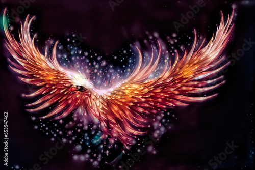 Flying phoenix bird as symbol of rebirth and new beginning. Digital art.