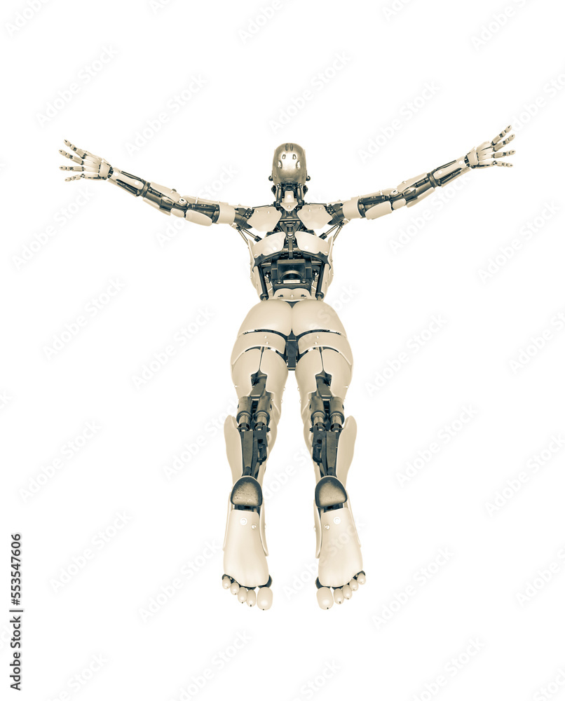 cyborg girl is flying free on white background rear view cyborg girl is flying free on white background rear view