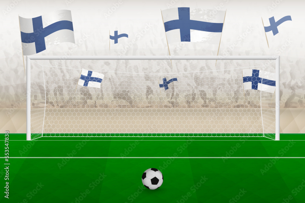 Finland football team fans with flags of Finland cheering on stadium, penalty kick concept in a soccer match.