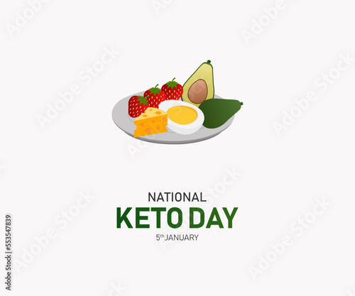 National Keto Day. 5 January. National keto day banner, poster, card and flat illustration. background. Foods good for the ketogenic diet drawing. Healthy fat foods still life icon vector. 