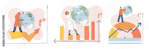 Global warming metaphor concept. Scientist studies problem of rising temperatures on planet Earth. Makes analysis of ecology and environment. Scientific research on climate change, environmental tests