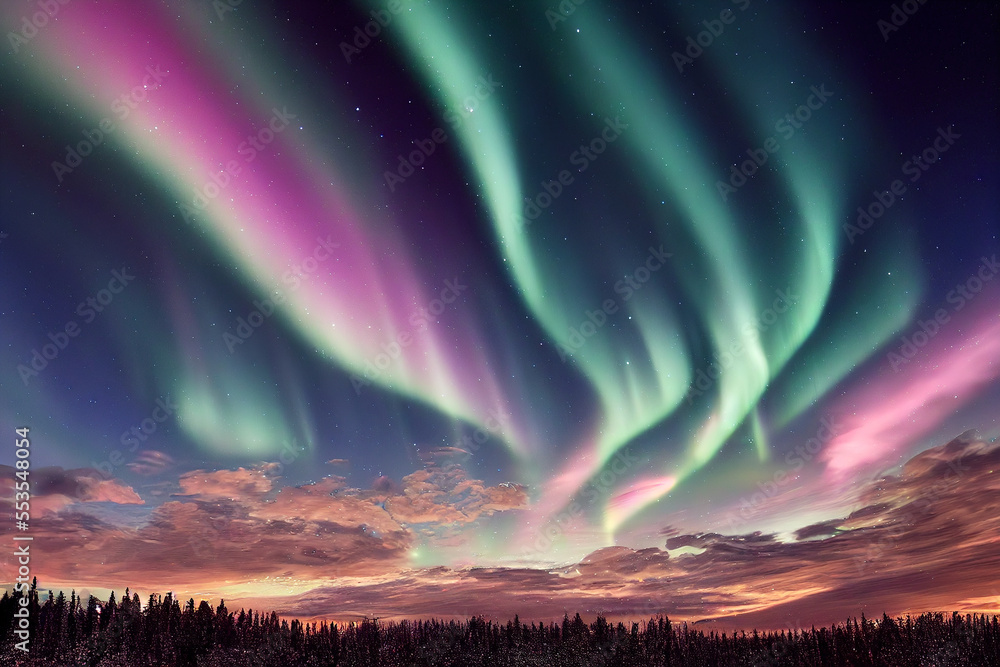 Aurora borealis, beautiful northern lights over trees