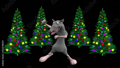 Dancing mouse and Christmas tree. Realistic professional 3D animation. Mouse dance. Merry Christmas. photo