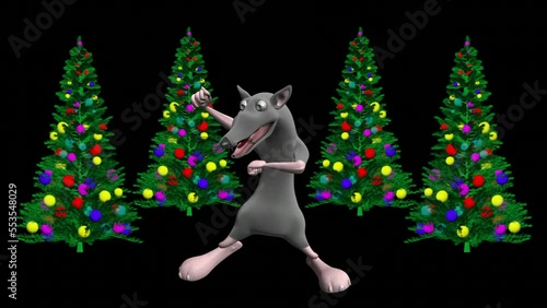 Dancing mouse and Christmas tree. Realistic professional 3D animation. Mouse dance. Merry Christmas.
