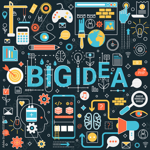 Big idea development. Problem solving ideas, improving solutions, innovative strategy vector illustration