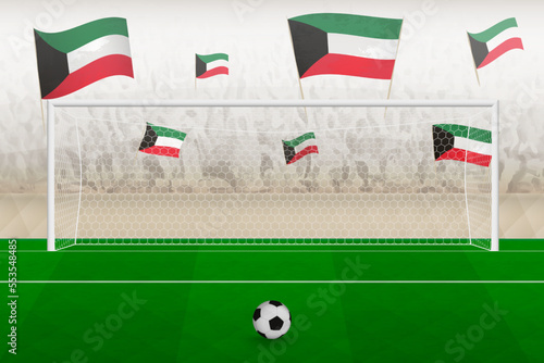 Kuwait football team fans with flags of Kuwait cheering on stadium, penalty kick concept in a soccer match.