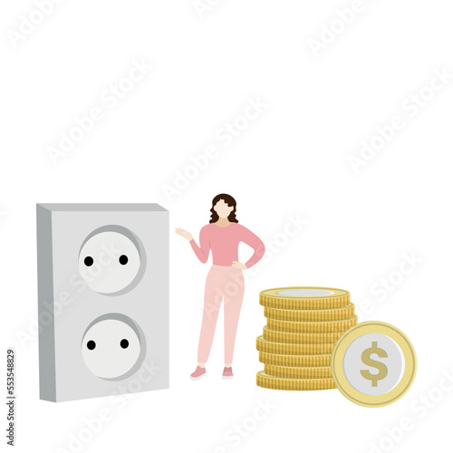 A girl stands near a huge socket and a stack of large yellow coins, flat vector, isolate on white