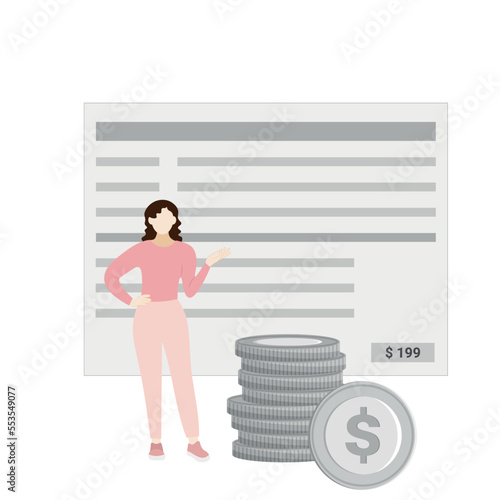 Little girl on the background of a huge bill and a stack of large gray coins, flat vector, isolated on white, finance, rent
