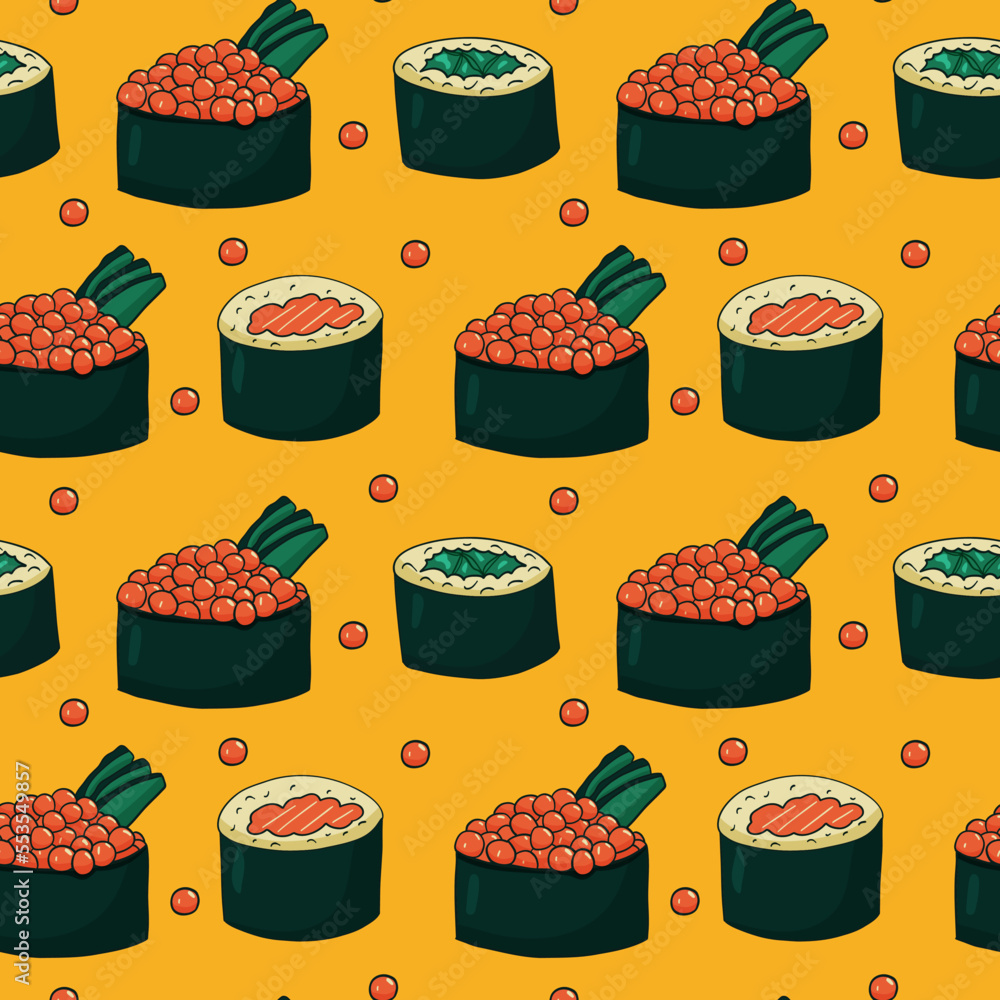 Groovy Sushi and rolls seamless pattern in retro style. Doodle vector illustration print for wrapping paper, textile, fabric, wallpaper Groovy Sushi and rolls seamless pattern in retro style. Doodle vector illustration print for wrapping paper, textile, fabric, wallpaper