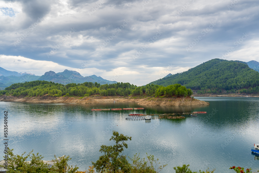 Natural view of Karacaören Dam. Trout production facilities, accommodation, amateur fishing and water sports are also available in the lake. Isparta - Turkey