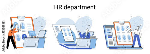 HR department work scenes set, qualified employee responsible for formation of human resources in organization. Specialist engaged in selection, adaptation, dismissal, development of personnel