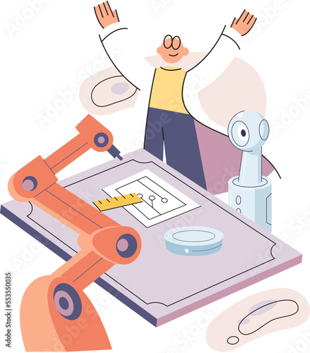 Manufacturing process at production industry, high-precision equipment performs work according to drawings. Engineer works with automated technology. Smart manufacture, automation and development