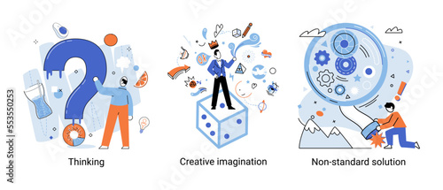 Creative thinking. People with different mental mindset types or model creative. Imaginative logical and structural thinking. MBTI person metaphor. Non standart solution. Brain think people solve idea © Dmytro