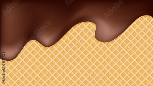 Chocolate ice cream melted on a waffle cone background.