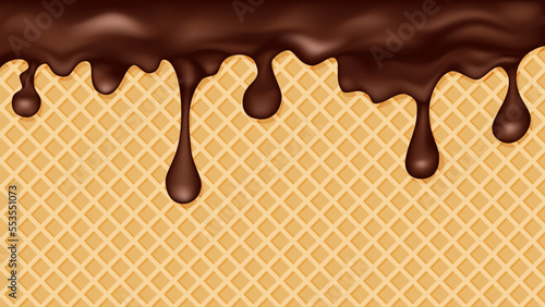 Chocolate ice cream melted on a waffle cone background.