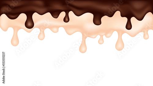 Dripping glaze background. Chocolate and vanilla liquid sweet flow. Vector illustration.