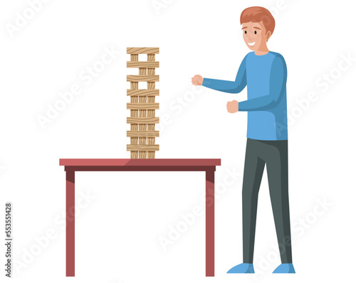 Male character playing Jenga alone. Guy collects wooden tower from bricks. Young man playing logic game vector illustration. Player standing near table with wooden blocks stacked in high tower