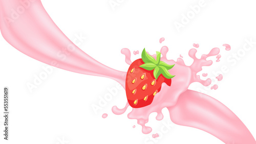 Splash of milk or fruit yogurt with strawberries. Vector illustration.