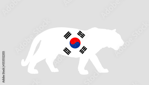 South Korea flag over tiger national animal vector silhouette illustration isolated on white background. South Korea patriotic emblem. Tiger shape shadow. © dovla982