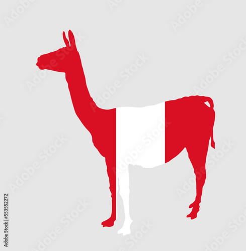 Peru flag over Vicuna national animal vector silhouette illustration isolated on white background. Lama standing symbol. Patriotic emblem travel tourist invite. Wild animal from Central America.