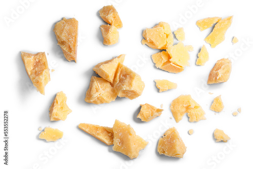 Hard mature cheese (Parmesan, Parmigiano), rough pieces top view isolated png