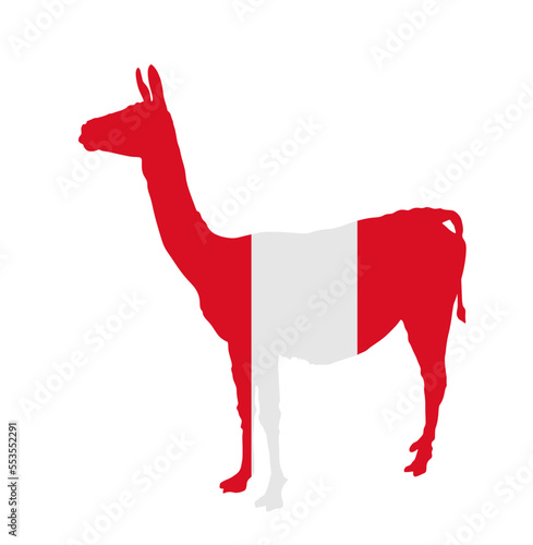 Peru flag over Vicuna national animal vector silhouette illustration isolated on white background. Lama standing symbol. Patriotic emblem travel tourist invite. Wild animal from Central America.