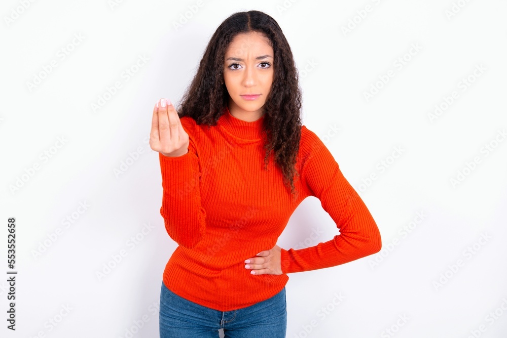 What the hell are you talking about. Shot of frustrated teen girl with curly hair gesturing with raised hand doing Italian gesture, frowning, being displeased and confused with dumb question. What the hell are you talking about. Shot of frustrated teen girl with curly hair gesturing with raised hand doing Italian gesture, frowning, being displeased and confused with dumb question.