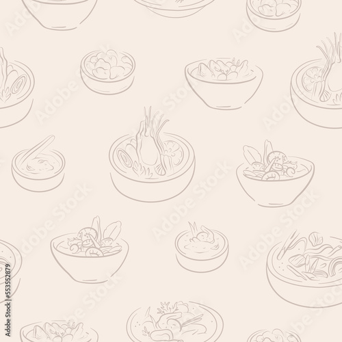 Seamless pattern with hand drawn asian soup bowls