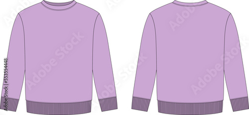 Blank childrens sweatshirt technical sketch. Pastel purple color. Kids wear jumper design template.