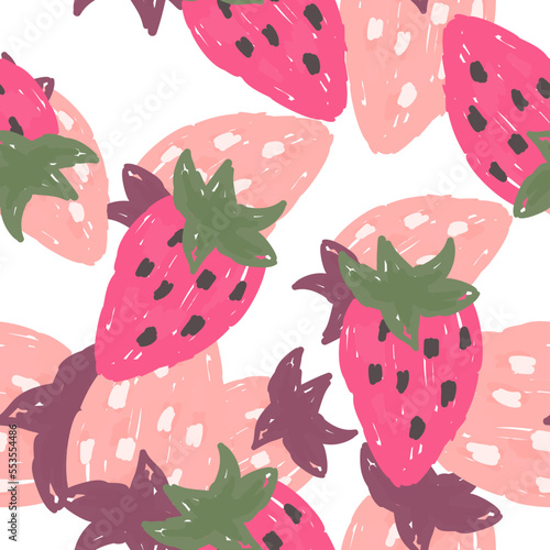 Freehand strawberries seamless pattern . Doodle strawberry endless wallpaper.