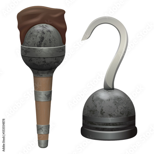 An old pirate leg crutch and a prosthesis hook, an old prosthesis made of wood, metal and leather elements of a carnival, theatrical costume