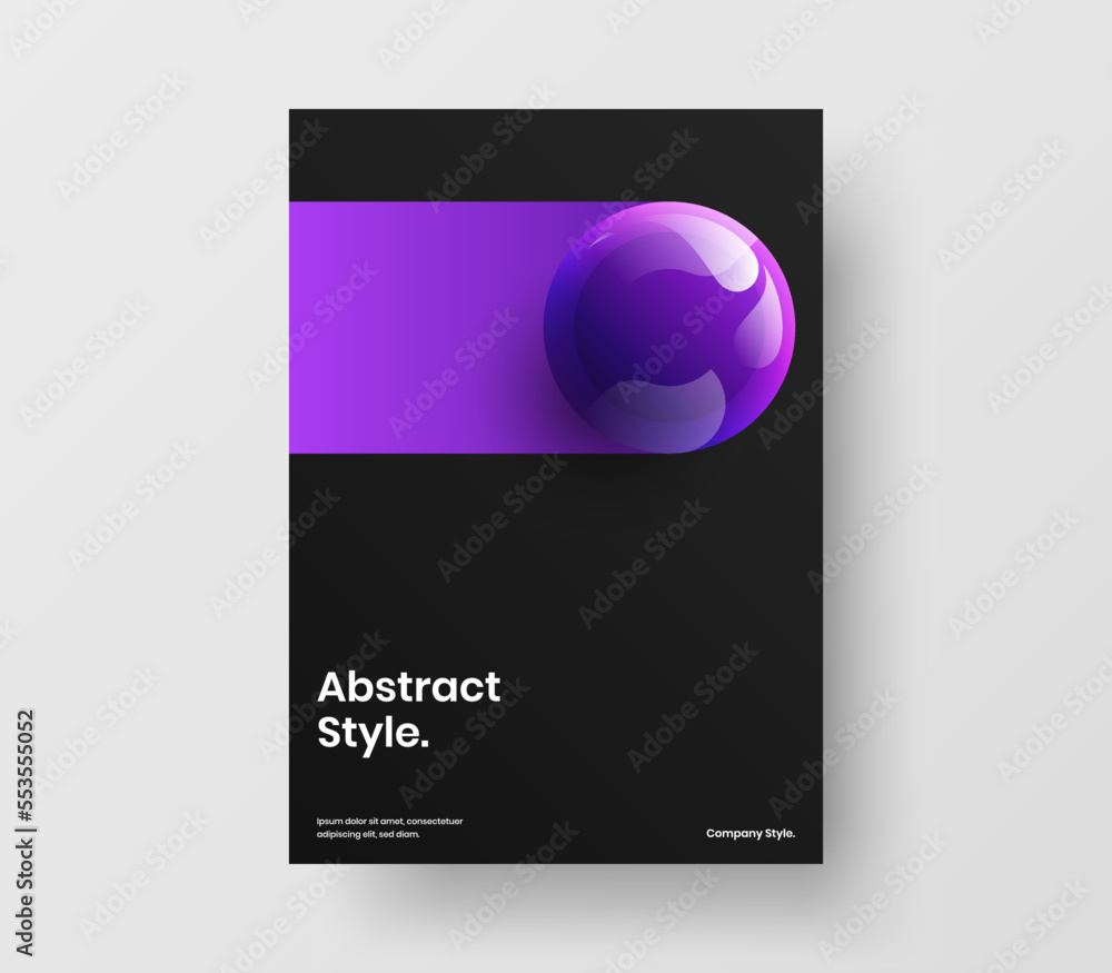 Colorful realistic spheres postcard concept. Vivid magazine cover A4 vector design layout.