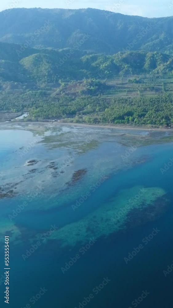 Vertical video of Aerial shot of colorful reef, coconut plantation and mountain background Vertical video of Aerial shot of colorful reef, coconut plantation and mountain background
