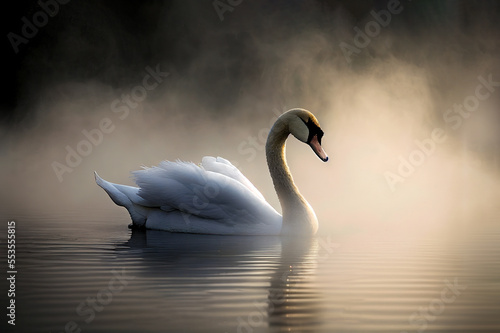 beautiful swan on misty lake