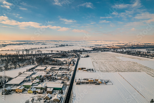 Obraz na płótnie wieś w Polsce na Śląsku zimą, panorama z lotu ptaka, Olza w gminie Gorzyce w salonie