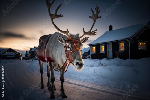Reindeer in Christmas Winter Time Lapland, with Beautiful Snow-covered Nature Behind and Winter Cabin