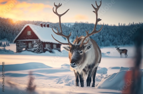 Reindeer  in Christmas Winter Time Lapland,  with Beautiful Snow-covered Nature Behind and Winter Cabin photo