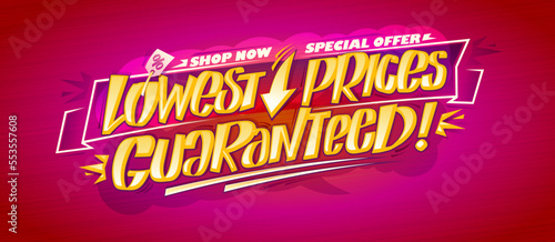 Lowest prices guaranteed, special offer sale web banner template with golden lettering