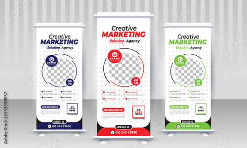 Corporate business marketing x stand rollup pullup signage retractable multiple blue red green color banner design vector template
