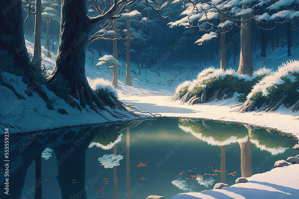 winter, snow, In the dense primeval forest there was a pool of water