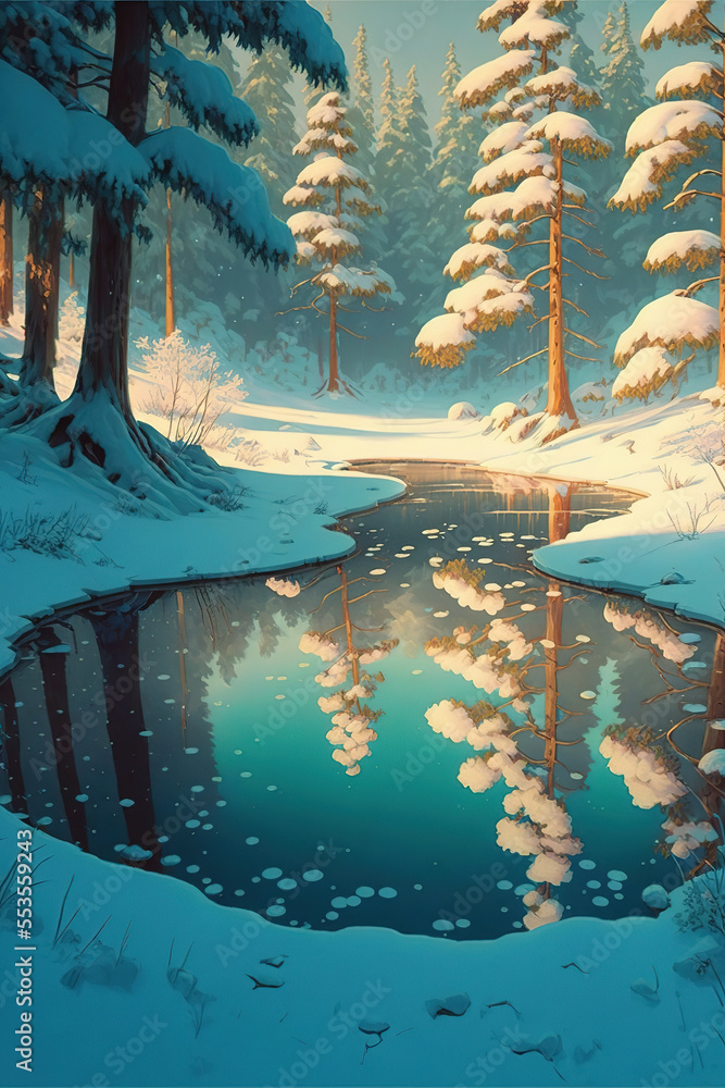 winter, snow, In the dense primeval forest there was a pool of water after the rain, frozen lake, sun light, winter landscape art
