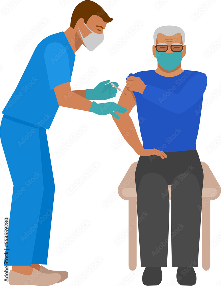 Vaccination of elderly. Nurse gives injection of vaccine to elderly man