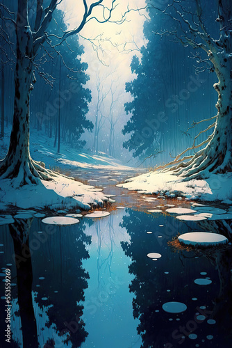 winter, snow, In the dense primeval forest there was a pool of water after the rain, frozen lake, sun light, winter landscape art © vvalentine