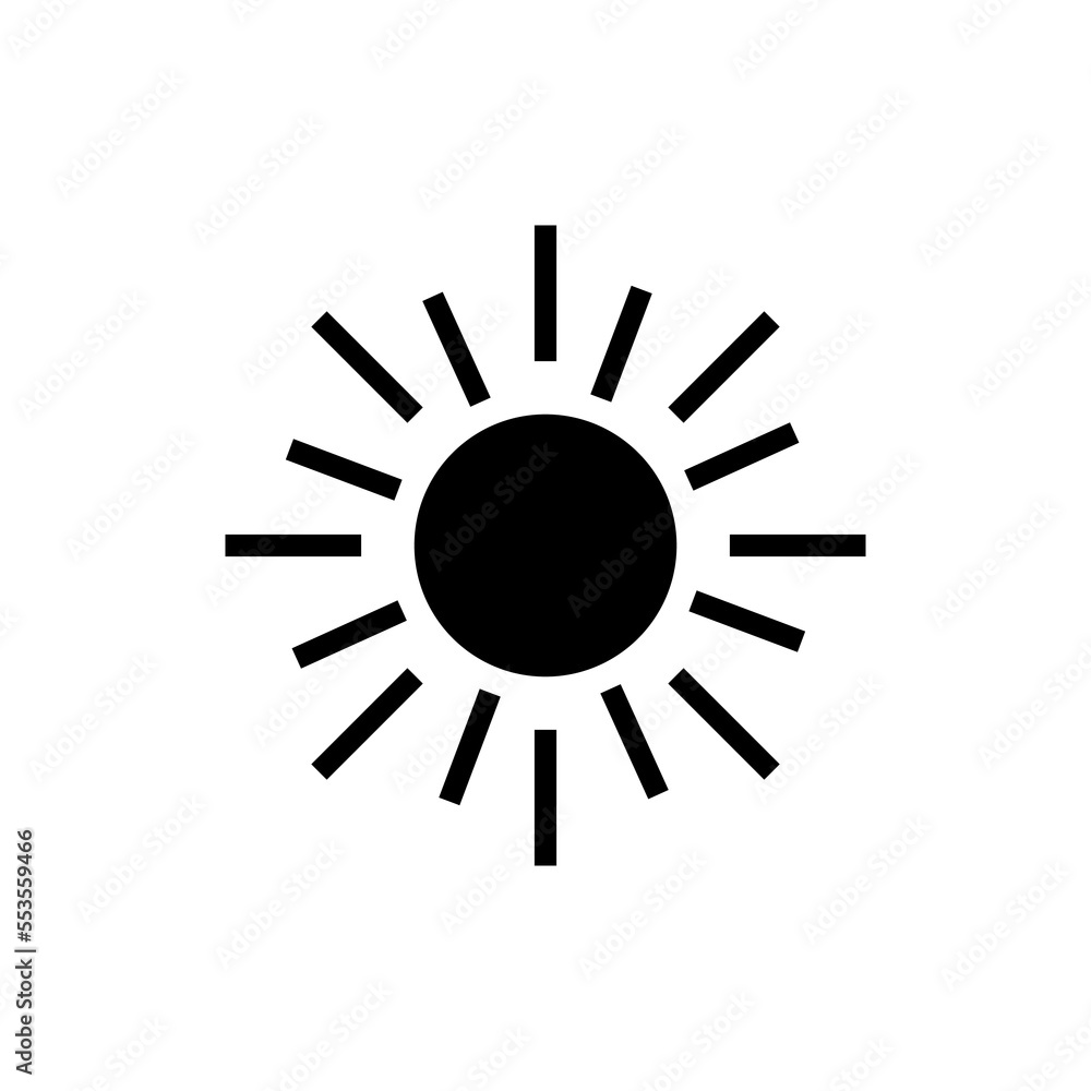 Sun with rays icon. Black luminary as symbol of heat and sunburn with energy of heat and vector light