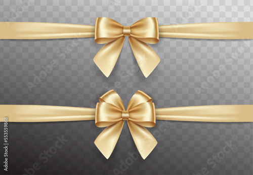 Set of satin decorative golden bows with horizontal yellow ribbon isolated on white background. Vector gold bow and gold ribbon