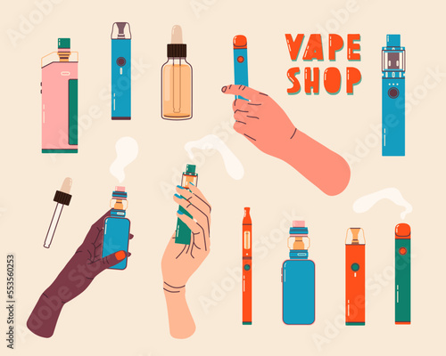 Vape shop colorful set. Electronic cigarettes and vape set. Modern vector illustration. Variety of designs vape pens and hands holding pod mods. Flat vector design for web and print.