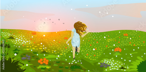 Young woman enjoys beautiful nature. A running girl with dandelions in her hands runs through a flower field. Tranquil landscape with sunset, floating clouds and flying birds in the sky