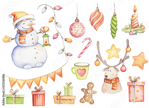 A set of New Year's items on a white background. Watercolor cute picture. Elements for making festive products.